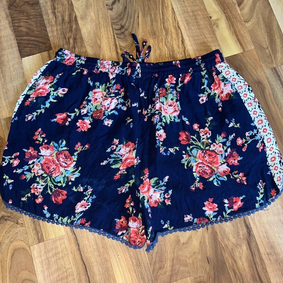 Blue Rain 100% Rayon Floral Pompom Shorts Flowy Casual Blue Women’s M - Picture 3 of 5